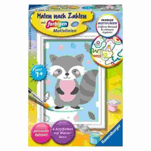 RAVENSBURGER  Malen nach Zahlen Bild  Süßer Waschbär, mit farbigen Motivlinien, Ravensburger, Bild mit Rahmen, Serie E, 6 Acrylfarben, ab 7 Jahren