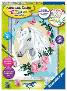 RAVENSBURGER  Malen nach Zahlen Bild  Einhorntraum, mit farbigen Motivlinien, Ravensburger, Serie Romantic, Bild mit Glitterrahmen, 15 Acrylfarben ab 9 Jahren