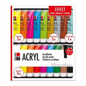 MARABU  Acrylfarben Set 18x 36 ml  Effect, Inhalt: tagesleucht-zitron, tagesleucht-orange,, tagesleucht-pink, tagesleucht-blau, tagesleucht-grün,, metallic-gold, metallic-silber, metallic-kupfer,, glitter-eis, titanweiß, zitronengelb, brillantorange,, mag