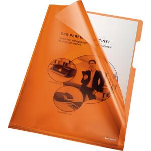 Aktenhülle, A4, PVC, 150my, orange oben und rechts offen, glatt