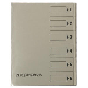 Ordnungsmappe, 6 Fächer, grau, A4, Mappe - Karton 250 g/m2, mit