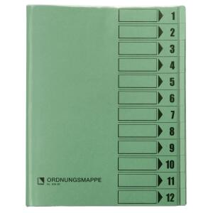Ordnungsmappe, 12 Fächer, grün, A4, Mappe - Karton 250 g/m2, mit