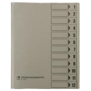 Ordnungsmappe, 12 Fächer, grau, A4, Mappe - Karton 250 g/m2, mit