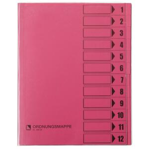 Ordnungsmappe, 12 Fächer, rosa, A4, Mappe - Karton 250 g/m2, mit