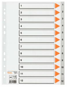 Register A4, Kunststoff, 1-12, grau, Universallochung, 120 my, PP