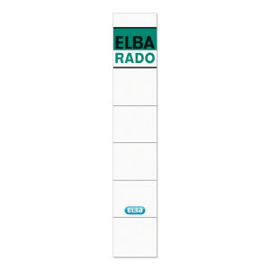 ELBA Ordner-Rückenschild "rado" kurz, selbstklebend aus Papier, für Rückenbreite 5 cm, weiß, schwarz/grüner Aufdruck, Beutel mit 10 Schildern