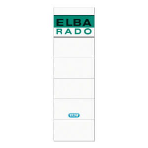 ELBA Ordner-Rückenschild "rado" kurz, selbstklebend aus Papier, für Rückenbreite 8 cm, weiß, schwarz/grüner Aufdruck, Beutel mit 10 Schildern