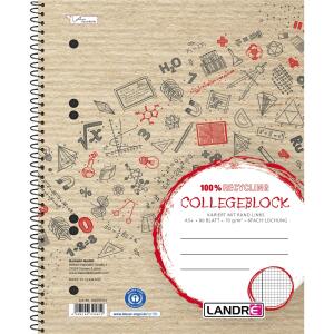LANDRÉ  Collegeblock "Recycling" A5 Abriss, 80 Blatt, 70 g/m², 6fach gelocht, kariert mit Rand links
