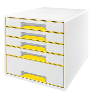 LEITZ Ablagebox WOW Cube 5 Schubladen weiß/gelb mit Auszugstopp und
