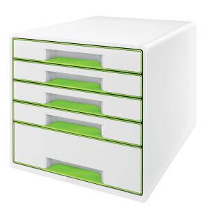 LEITZ Ablagebox WOW Cube 5 Schubladen weiß/grün mit Auszugstopp und