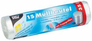 PAPSTAR Müllbeutel mit Tragegriffen - 35 L, HDPE, transparent, 15 Stück