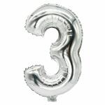 Folienlufballon, 35 x 20cm, "3", silber, mit...