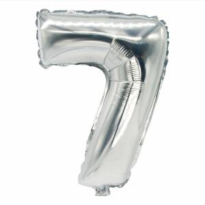 Folienlufballon, 35 x 20cm, "7", silber, mit selbstschließendem Ventil