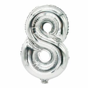 Folienlufballon, 35 x 20cm, "8", silber, mit selbstschließendem Ventil