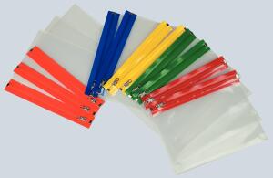 Gleitverschlussbeutel A4, transparent PE, Zip-Leiste in 5 Farben
