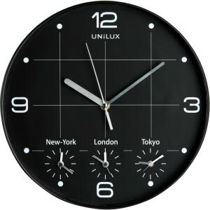 Unilux ON TIME Wanduhr schwarz, Durchmesser: 30,5 cm, Weltzeituhr mit Anzeige für New York, London und Tokyo, 4 Batterien (AA 1,5V) inkl.