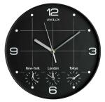 Unilux ON TIME Wanduhr schwarz, Durchmesser: 30,5 cm, Weltzeituhr mit Anzeige für New York, London und Tokyo, 4 Batterien (AA 1,5V) inkl.