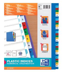 Register A4 XL 0,12 mm starker PP-Folie, 1-31, 31 Blatt, 6-farbig