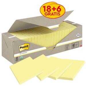 Post-it Haftnotizblock Recycling Notes - 76 x 76 mm, pastellgelb, 24 x 100 Blatt