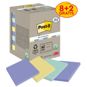 Post-it Haftnotizblock Recycling Notes - 76 x 76 mm, sortiert, 10 x 100 Blatt