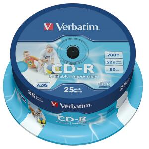 Rohling CD-R 80 Min. 700MB, 52-fach Inkjet printable in 25-er Spindel