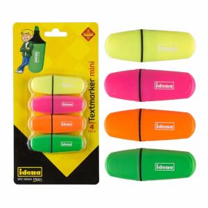 Idena Textmarker Mini  4 Farben, leuchtende Farben, Strichstärke 1-4mm,, Farben bleichen nicht aus