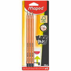 Bleistift HB 6er  Black Peps mit Radierer, Dreikant Bleistifte im Blister, ergonomisch geformt,, Radiergummi Technic 600 weiß, Maped