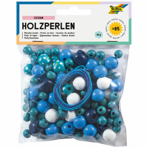 Holzperlen 85er  Ocean blau türkis, mit 2 Schnüren je 85cm, Folia