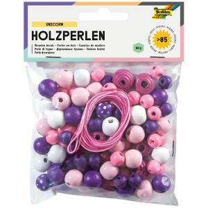 Holzperlen 85er  Unicorn lila pink, mit 2 Schnüren je 85cm, Folia