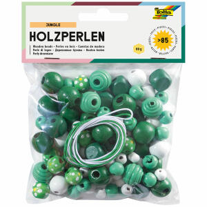 Holzperlen 85er  Jungle grün weiß, mit 2 Schnüren je 85cm, Folia