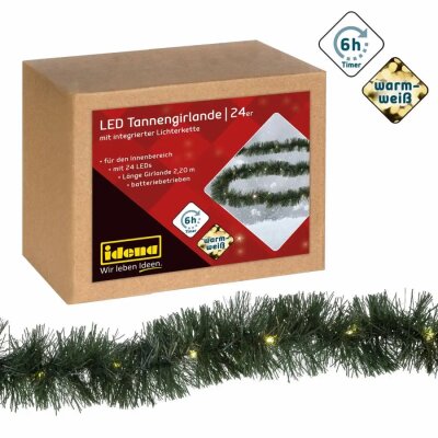 Idena LED Tannengirlande  24er warmweiß Timer 2,2m, mit 6h Timer, für Innen, Zuleitung 30cm, Gesamtlänge 2,5m,, batteriebetrieben für 3x AA