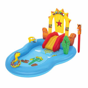 Bestway Wasserspiel  Center Wild West, Größe aufgeblasen: 264 x 188 x 140 cm, Größe unaufgeblasen:, 242 x 196 cm, Wasserkapazität: 278 Liter, strapazierfähigem, PVC Material, abnehmbare Rutsche mit Ösen zur Befestigung, aufblasbares Polster im Poolboden,