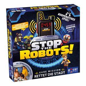 HUTTER TRADE  Huch! Stop the Robots!  Brettspiel, Inhalt: 1 smartes Walkie-Talkie, 36 doppelseitige Karten, 1, Anleitung, 1 Karte mit Tipps, 1 VIP-Abzeichen, 3 Batterien, AAA 1,5V erforderlich, nicht enthalten, ab 7 Jahren,, Hutter Trade