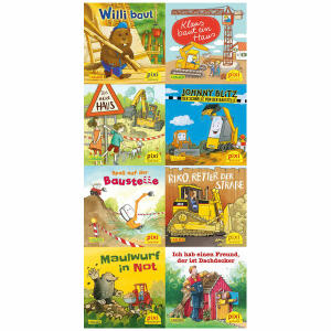 CARLSEN VERLAG  Pixis Fahrzeuge auf der  Baustelle 8x8 Exemplare, 8 Pixi-Geschichten für kleine Bauarbeiter,, Inhalt: " Willi baut "," Klaus baut ein Haus ",,  Das neue Haus ," Spaß auf der Baustelle ",,  Johnny Blitz, der Schnelle von der Baustelle ,,  R