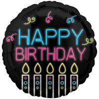 Folienballon Birthday  Neon schwarz 43cm rund, Happy...