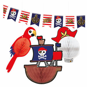 Dekorationsset  Pirates Map 4 Teile, Inhalt: 1 Flaggenbanner, 3 Wabenbälle Amscan