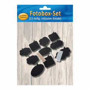 Fotobox-Set  Schreibtafeln 11teilig, inklusive Haltestäbchen, Klebepunkten und Kreide