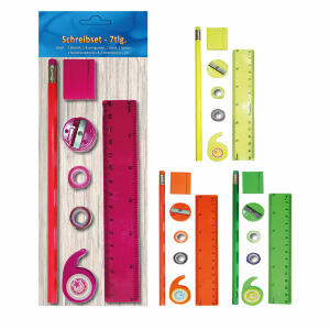 Schreibset 7teilig  4fach sortiert, rosa, gelb, grün, orange,, Inhalt: 1 x Bleistift, 1 x Lineal, 1 x Spitzer,, 1 x Radiergummi, 1 x Klebebandabroller, 2 x Klebeband