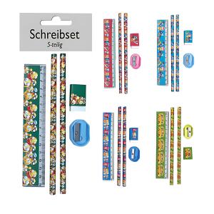 Schreibset 5teilig 4fach sort Bleistifte, Lineal, Radiergummi, Spitzer