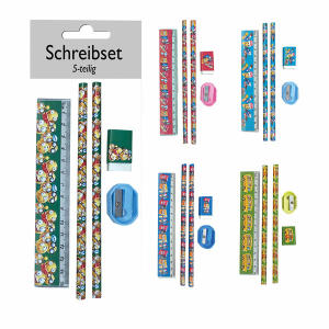 Schreibset 5teilig  4fach sortiert, dunkelgrün, hellgrün, rosa, dunkelblau, hellblau, Inhalt: 2 x Bleistifte, 1 x Lineal, 1 x Radiergummi,, 1 x Spitzer
