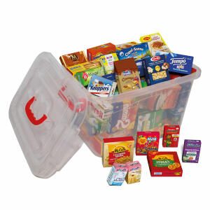 Tanner Big value Box mit  Miniaturfaltschachteln, gefüllt mit hochwertigen Artikeln für Kaufmannsladen, ab 3, Jahren
