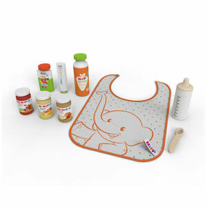 Tanner Hipp Baby Set Holz  9 Teile, enthält 6 verschiedene Produkte der Marke Hipp (z.B., Gläschen, Quetschies, Karottensaft, Creme) sowie dazu, passend Lätzchen, Milchflasche und Löffel, ab 3 Jahren