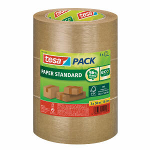 Paketband ecoLogo 3er  Standard 50mx50mm braun, Papierklebeband aus 56% biobasiertem Material,, Umweltfreundlich, gut haftend, tesa