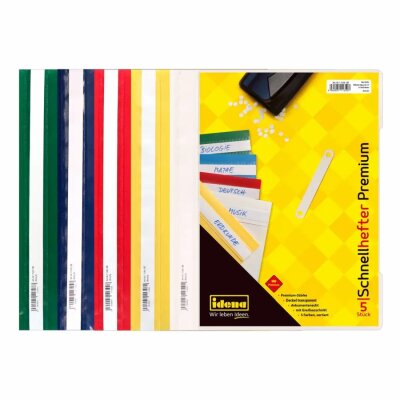 Idena Schnellhefter A4 PP  5er Premium 5 Farben, weiß, blau, rot, gelb, grün,, Stärke 250µ, goldfarbige Metallzunge, weiße PP-Deckleiste,, weißer Papierstreifen, Idena Logoprägung Blindprägung VD,, Artikelnummer und EAN auf Beschriftungsstreifen gedruckt