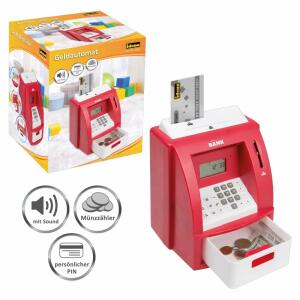 Idena Geldautomat rot  digitale Spardose Sound, mit Grundfunktionen eines Bankautomaten,, mit Bankkkarte und persönlicher PIN-Nummer, Sound und LCD-Display