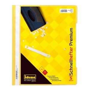 Idena Schnellhefter A4 PP  5er Premium gelb, Stärke 250µ, goldfarbige Metallzunge, weiße PP-Deckleiste,, weißer Papierstreifen, Idena Logoprägung Blindprägung VD,, Artikelnummer und EAN auf Beschriftungsstreifen gedruckt