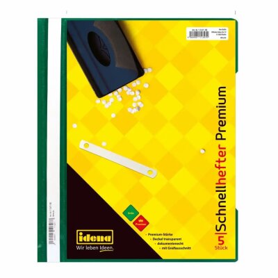 Idena Schnellhefter A4 PP  5er Premium grün, Stärke 250µ, goldfarbige Metallzunge, weiße PP-Deckleiste,, weißer Papierstreifen, Idena Logoprägung Blindprägung VD,, Artikelnummer und EAN auf Beschriftungsstreifen gedruckt