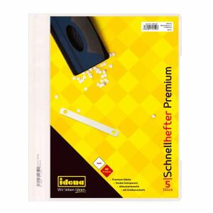 Idena Schnellhefter A4 PP  5er Premium weiß, Stärke 250µ, goldfarbige Metallzunge, weiße PP-Deckleiste,, weißer Papierstreifen, Idena Logoprägung Blindprägung VD,, Artikelnummer und EAN auf Beschriftungsstreifen gedruckt