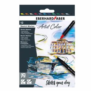 Sketch Marker  Artist Color 12 Farben, Fasermaler mit zwei Spitzen, feine Spitze 0,8 mm,, breite, biegsame Pinselspitze 1-10 mm,, Farben können miteinander vermischt und aquarelliert werden,, EBERHARD FABER