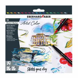 Sketch Marker  Artist Color 18 Farben, Fasermaler mit zwei Spitzen, feine Spitze 0,8 mm,, breite, biegsame Pinselspitze 1-10 mm,, Farben können miteinander vermischt und aquarelliert werden,, EBERHARD FABER